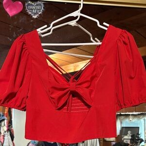 SHEIN Red Puff Sleeve Bow Blouse